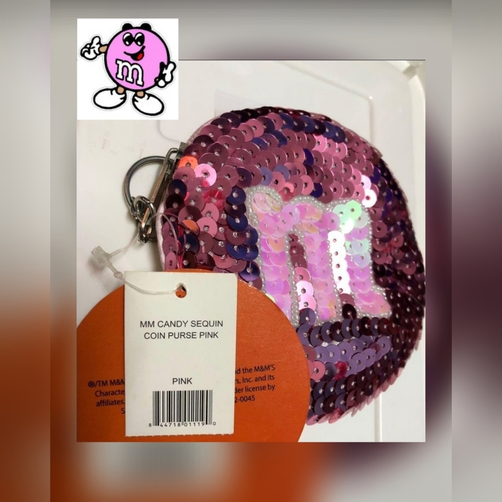 M&M Candy Sequin Coin Purse Pouch shiny PINK Sparkly *NEW*
